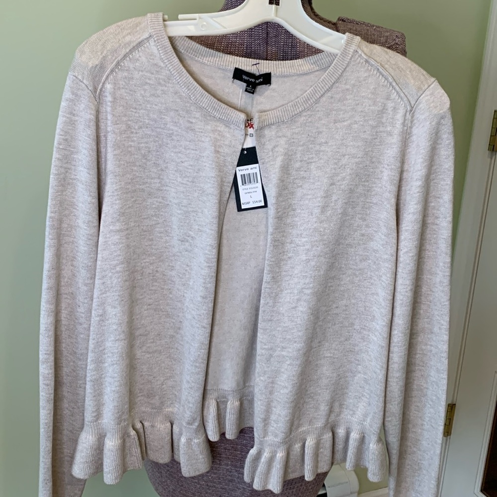 Reserved for @lasowl Verve Ami Cardigan Ruffle Hem Oatmeal Heather Large NWT